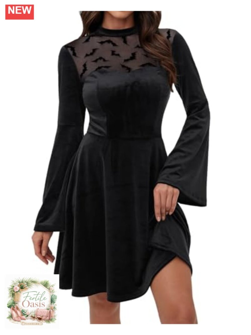 Women's Halloween Long Bell Sleeve Velvet Gothic Dress